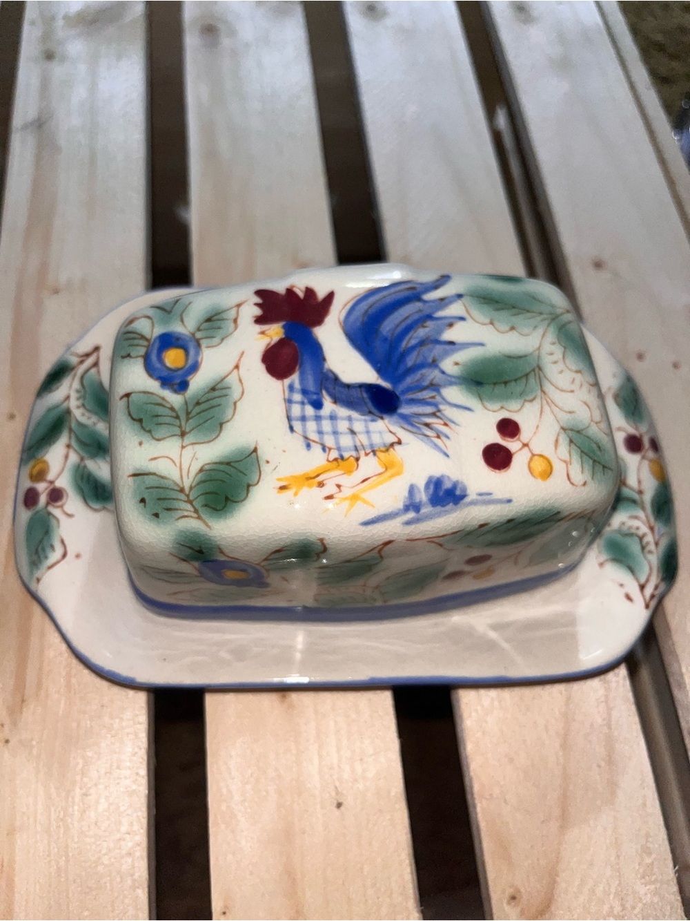 Vintage Rooster Butter Dish in Blue, Green and Cream